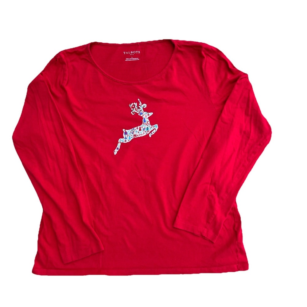 Talbots Womens Red Long Sleeved Reindeer Shirt Blouse Size L Christmas Holidays
